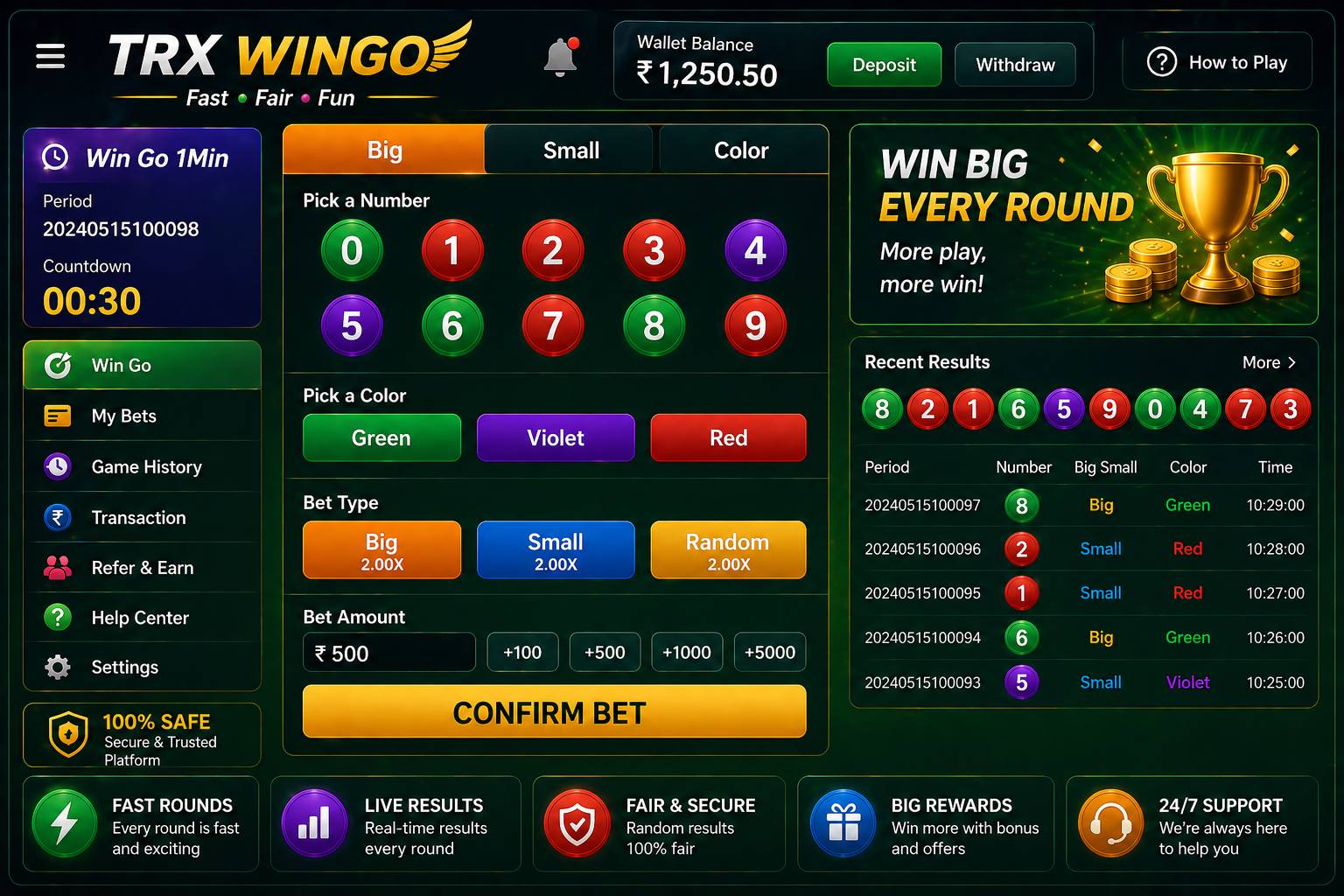 Trx Wingo Game number and colour game interface